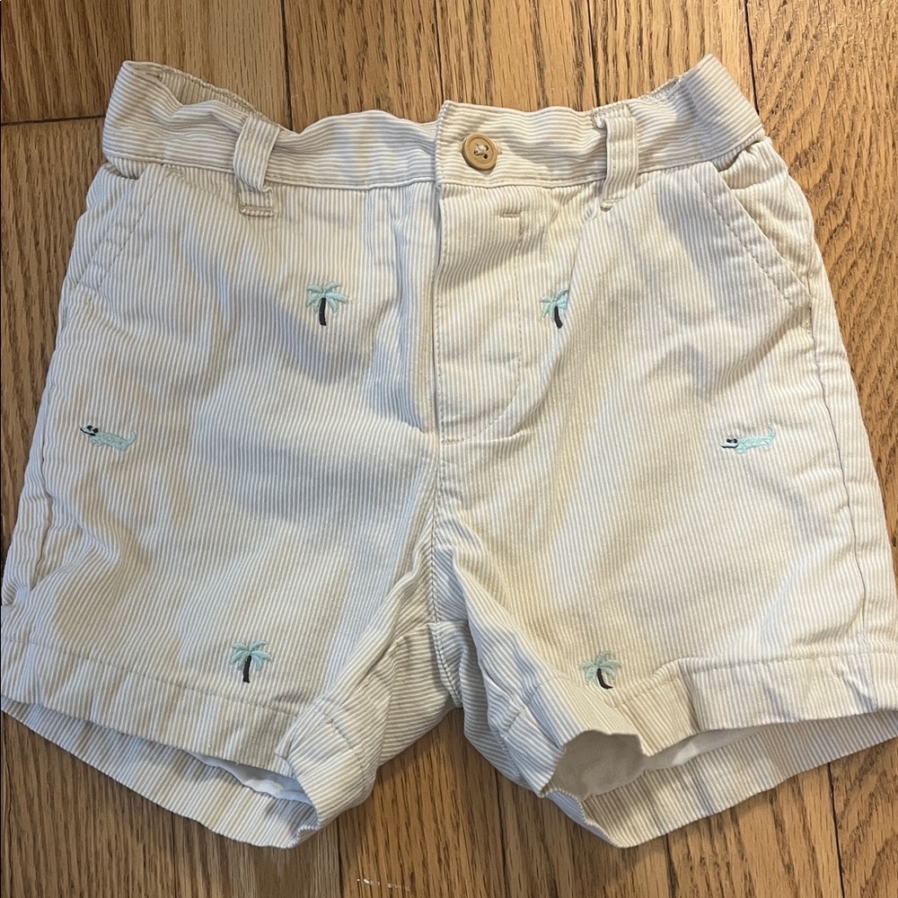 Janie and Jack Cream Striped Bermuda Shorts with Blue Embroidery - worn once!